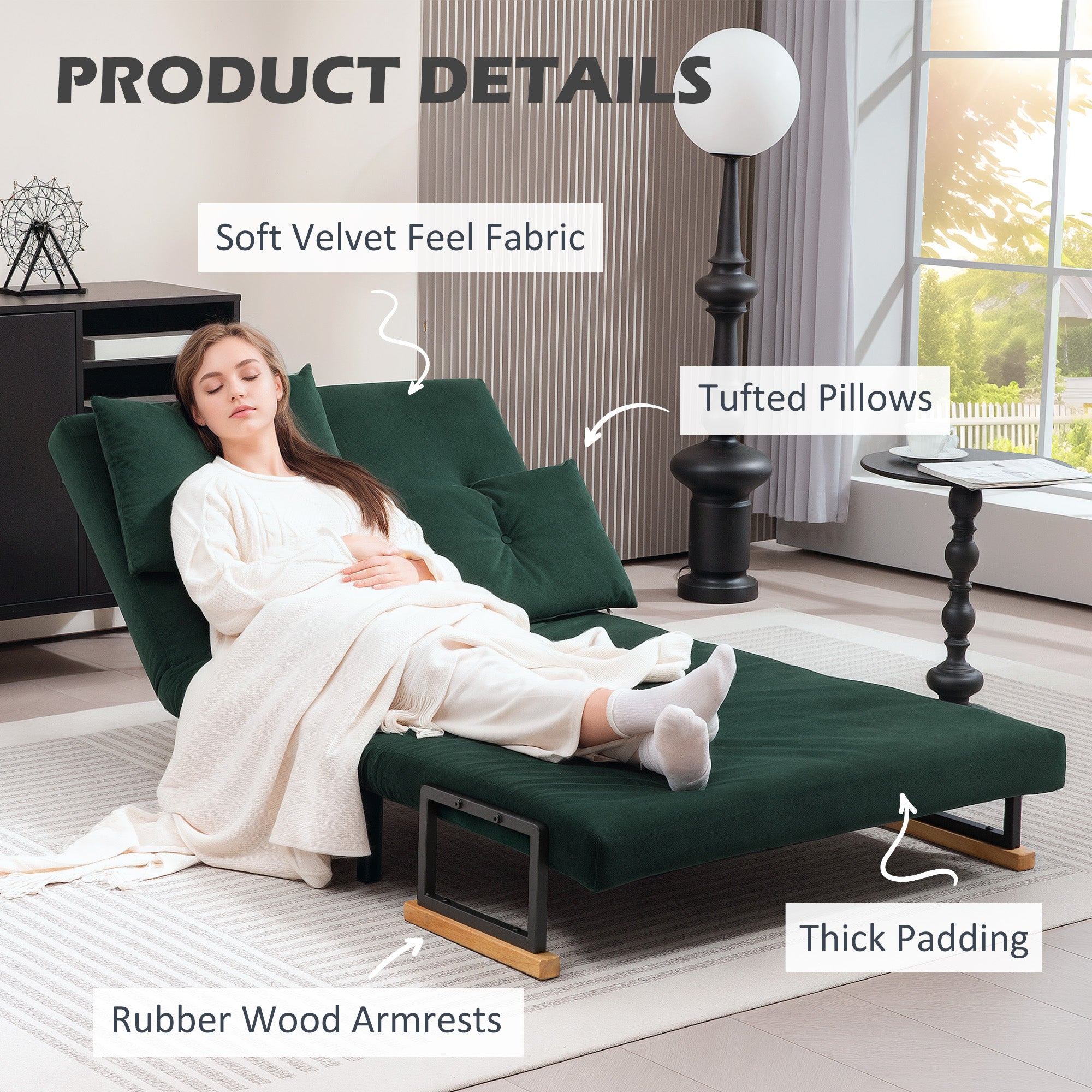 HOMCOM 4-in-1 Velvet-Feel Double Sofa Bed, with Pillows - Green